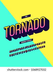 Tornado modern typeface colorful 3d style. Cool original alhabet. Font trend typography for t shirt, promotion, shop, party poster. Vector Illustration 10 eps