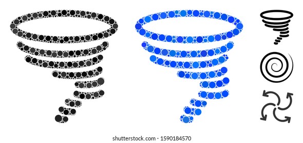 Tornado mosaic of round dots in different sizes and color tints, based on tornado icon. Vector round dots are united into blue mosaic. Dotted tornado icon in usual and blue versions.