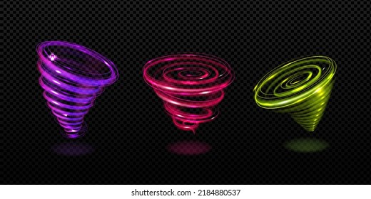 Efecto de movimiento de tornado, torbellino brillante colorido, tormentas torrenciales, púrpura huracán, vórtice de tormentas de viento rojas y verdes, torbellino o espiral aislado en fondo negro, ilustración vectorial 3d realista