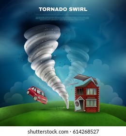 Tornado Natural Disaster Design Including House With Broken Roof Door And Window Flying Car Dust Vector   Illustration