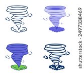 Tornado natural disaster icon set in flat and line style. Hurricane, typhoon. Vector illustration.