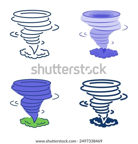 Tornado natural disaster icon set in flat and line style. Hurricane, typhoon. Vector illustration.