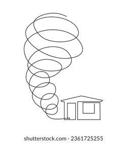 Tornado near residential building. Natural disaster with wind, tornado, storm. Hurricane cyclone zone. Destruction of buildings. Deadly disaster. Linear illustration with single continuous line.