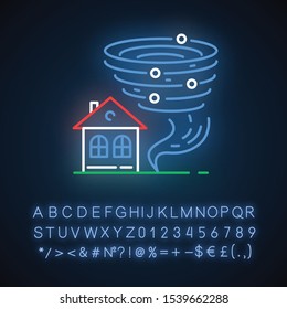 Tornado neon light icon. Twister spiral funnel approaching house. Cyclone and building. Hurricane. Storm. Typhoon. Glowing sign with alphabet, numbers and symbols. Vector isolated illustration