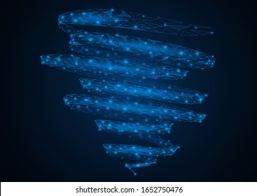 Tornado. A network of triangular lines and points form a wind funnel. Low-poly vector illustration.