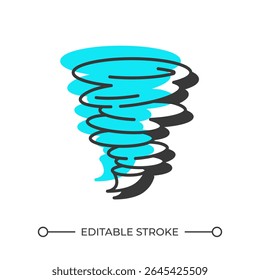 Tornado offset shadow line icon. Violently rotating column of air. Environmental disaster warning. Danger. Bold outline symbol with solid blue fill. Modern flat illustration. Editable stroke