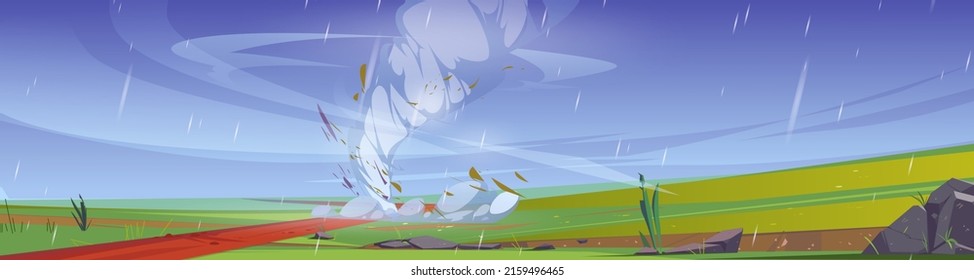 Tornado on fields with green grass and road. Vector cartoon illustration of natural disaster with storm wind swirls on summer rural landscape. Countryside scene with twister