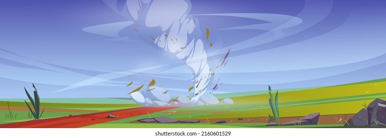 Tornado on fields with green grass and road. Vector cartoon illustration of natural disaster with storm wind swirls on summer rural landscape. Countryside scene with twister