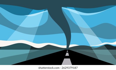 tornado on road, flat color illustration