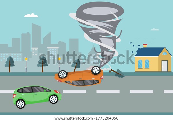 Tornado outbreak vector concept: tornado throwing\
cars and destroying\
roof