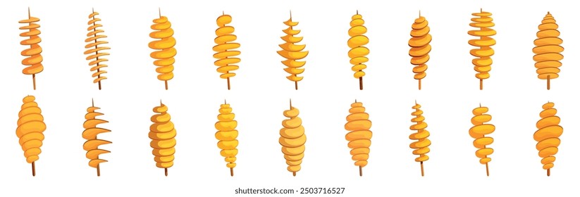 Tornado-Kartoffel-Symbole gesetzt. Set von verschiedenen Tornado-Kartoffeln mit verschiedenen Formen von Spiralschnitt frittierte Kartoffel auf Stock