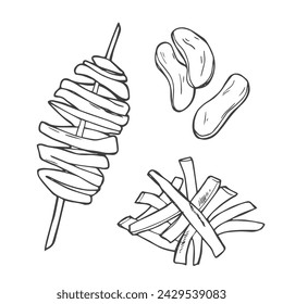 Tornado potato on stick icon. Spiral potato. Fried salt chips fast food. Popular korean street food. French fries and potato chips sketch