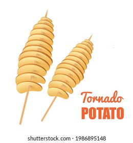 Tornado potato on wooden stick, fried crispy spiral chips. Design for menu street cafe or packages fast food takeaway. Vector realistic illustration with lettering.