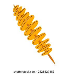 Tornado potato on wooden stick, fried crispy spiral chips. Design for menu street cafe or packages fast food takeaway. Vector realistic illustration with lettering.