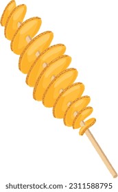 Tornado potatoes are spiral-cut potatoes, fried in oil, and served with various flavored powders.