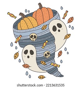 Tornado with pumpkins and ghosts. Rainy october day with wind and falling leaves. Cute halloween card. Cartoon vector illustration