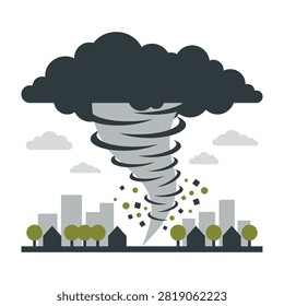 Tornado ripping through cityscape, destroying buildings and trees, causing chaos and devastation