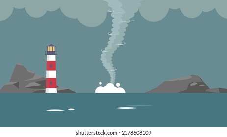 Tornado in the sea next to the lighthouse
