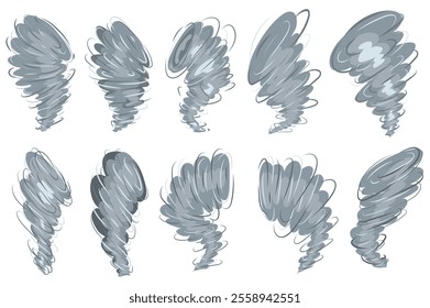 Tornado set elements in flat graphic design. Collection of hurricane air and whirlwinds, grey twisters, destruction whirlpool, thunderstorm cyclone vortex, bad weather symbols. Vector illustration.