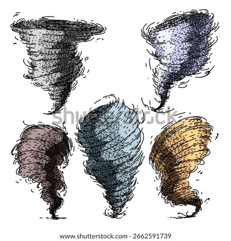tornado set hand drawn. cyclone funnel, vortex storm, destruction damage tornado vector sketch. isolated color illustration