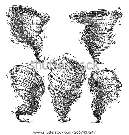 tornado set hand drawn. cyclone funnel, vortex storm, destruction damage tornado vector sketch. isolated black illustration