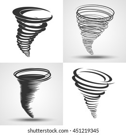 Tornado. Set of vector illustrations. Weather conditions symbols - natural disaster, hurricane wind, storm. Four tornado icons in different styles. Abstract design of rapid changes.