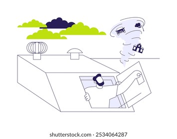 Tornado shelter abstract concept vector illustration. Group of diverse people hiding in a bunker, tornado disaster prevention, safe place for victims, environmental problem abstract metaphor.