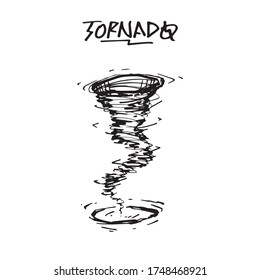 Tornado single black hand drawn symbol, original outline illustration. Typhoon catastrophe cartoon sign. Dangerous extreme whirlwind hurricane, silhouette graphic. Spiral drawing with letters.