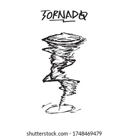 Giro rápido simple tornado, ilustración original del contorno dibujada a mano con letras. Cartel de la catástrofe del tifón. Huracán peligroso y extremo torbellino, silueta gráfica. Dibujo del logo de la tormenta de viento.