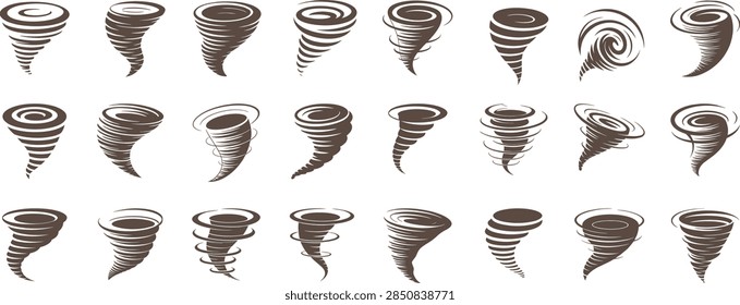 Tornado Spiral Line Patterns Vector Set – Dynamic Weather Forms from Different Perspectives.