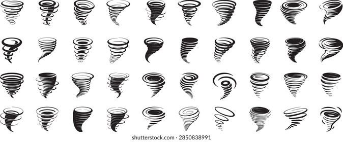 Tornado Spiral Patterns Vector Set – Dynamic Swirling Shapes in Different Orientations.