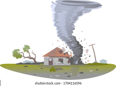 Tornado mit Spiraldrehungen zerstört ein kleines Haus und Baum, die Macht der Natur Konzept einzelne Illustration, große gefährliche Tornado zerstört Gebäude in Wohnbezirk