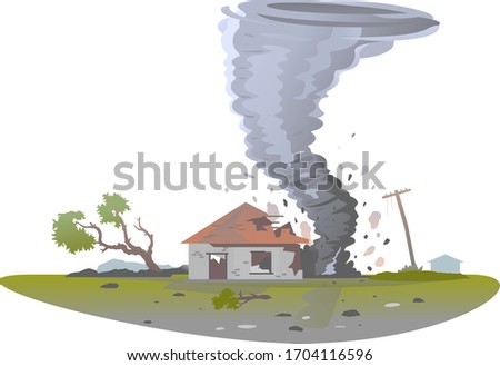 Tornado with spiral twists destroy one small house and tree, the power of nature concept isolated illustration, big dangerous tornado destroys building in residential neighborhood