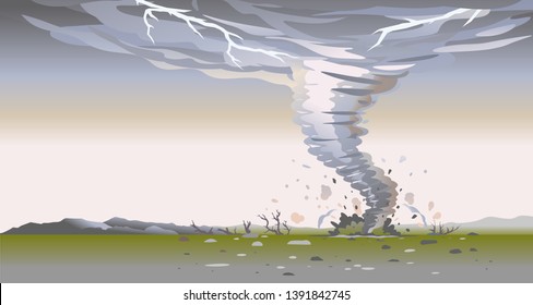 Tornado with spiral twists destroys all around in wild nature, the power of nature landscape background, dark sky with lightning