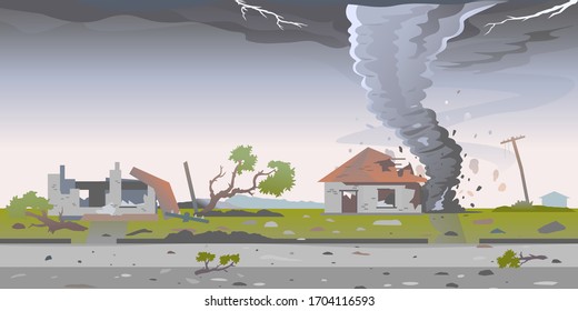 Tornado with spiral twists destroys houses, big dangerous tornado destroys buildings in residential neighborhood, nature disaster concept illustration background