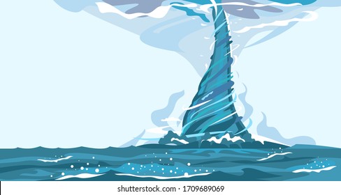 Tornado with spiral twists on water, the power of nature sea storm hurricane, nature force background illustration, storm weather forming over rough sea