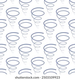 Tornado. Spring funnel blue. Seamless vector pattern. Isolated colorless background. Repeating endless ornament with spinning tornado. Strong wind spins in a spiral. Flat style. Idea for web design.