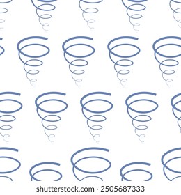 Tornado. Spring funnel blue. Seamless vector pattern. Isolated colorless background. Repeating endless ornament with spinning tornado. Strong wind spins in a spiral. Flat style. Idea for web design.