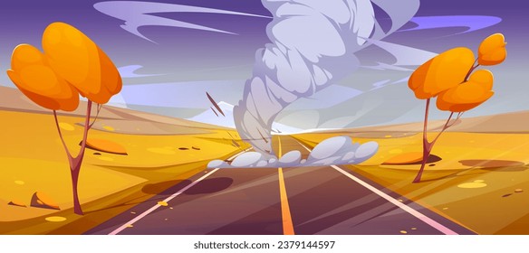 Tornado storm cyclone on autumn road vector landscape. Hurricane wind weather environmental scene with nature phenomenon in fall season. Game location panorama with nobody on asphalt pathway in desert
