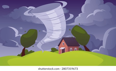 Tornado storm near the house vector flat illustration. Hurricane wind vortex, cyclone twister. Whirlwind air vortex. Typhoon danger catastrophe weather. Natural disaster, cataclysm