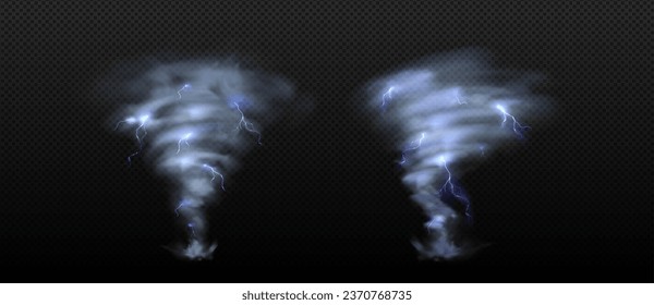 Tornado storm vector, hurricane wind transparent isolated effect. 3d cyclone twister cloud with lightning. Abstract realistic air vortex funnel. Destructive whirl power. Typhoon danger weather