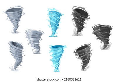 Tornado torrencial, torbellino vectorial o huracán ciclónico, embudos vectoriales de viento. Tornado o tifón y huracán torrencial o vorágine de tormenta y torbellino de tormenta en azul, gris y negro