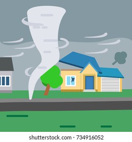 Tornado. Strong whirlwind blows the roof of the house and tree