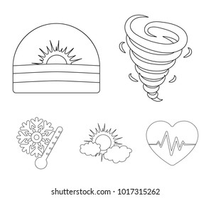 Tornado, sunrise, cloudiness, snow and frost. The weather set collection icons in outline style vector symbol stock illustration web.