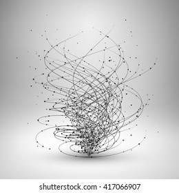 Tornado. Swirl with connected line and dots. Wired structure. Technology background. Vector illustration.