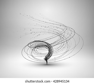 Tornado. Swirl with connected line and dots. Wired wavy structure. Technology connection concept. Vector abstract illustration.