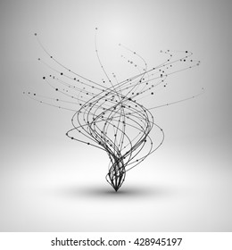Tornado. Swirl with connected line and dots. Wired wavy structure. Technology connection concept. Vector abstract illustration.