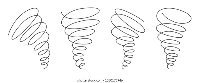 Tornado swirl continuous line with editable stroke isolated on white background - vector illustration set.