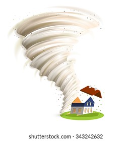 Tornado swirl damages village house roof vector illustration