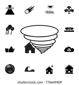 Tornado swirl damages village house icon. Set of natural disasters icon. Signs and symbols collection, simple icons for websites, web design, mobile app, info graphics on white background